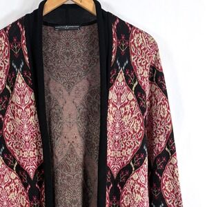 Peruvian Connection Cardigan Red Black Damask Floral Intarsia Knit‎ Open Front M